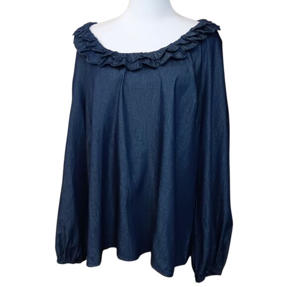 $118 NEW DRAPER JAMES Chambray Denim Peasant Top Blouse 1X Ruffle Boho Feminine - Picture 3 of 12
